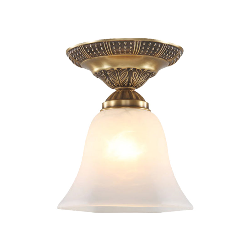 Frosted Glass Brass Flush Mount Fixture Bell Shape Single Head Country Ceiling Mounted Light