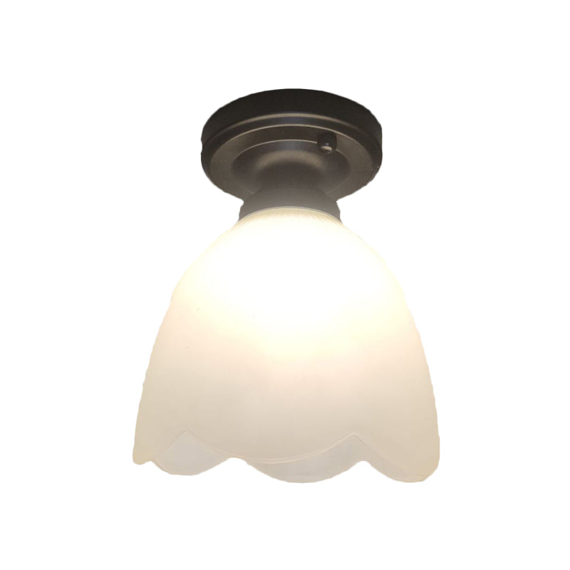 Frosted Glass Black Ceiling Fixture Flower Bud 1-Head Loft Style Flush Mount Lamp for Hallway