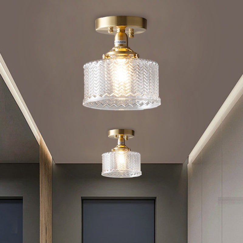 Couloir de tambour Semi-affleurant traditionnel verre prismatique clair ampoule unique en laiton luminaire monté au plafond