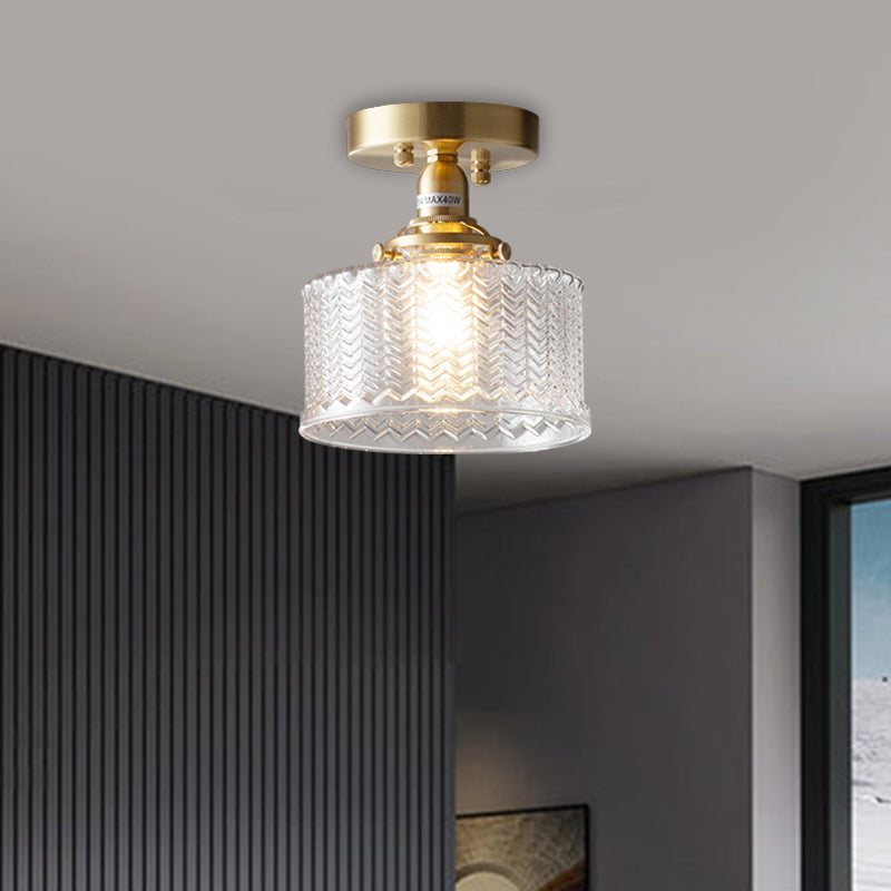 Couloir de tambour Semi-affleurant traditionnel verre prismatique clair ampoule unique en laiton luminaire monté au plafond