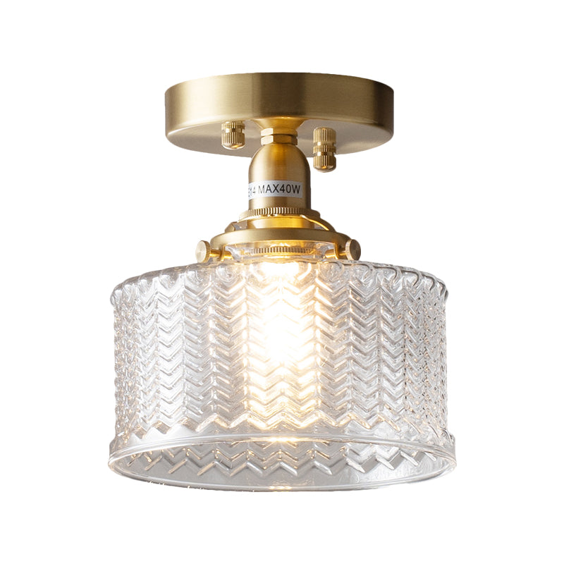 Couloir de tambour Semi-affleurant traditionnel verre prismatique clair ampoule unique en laiton luminaire monté au plafond