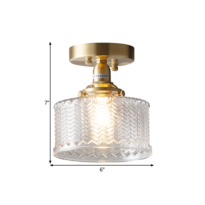 Couloir de tambour Semi-affleurant traditionnel verre prismatique clair ampoule unique en laiton luminaire monté au plafond