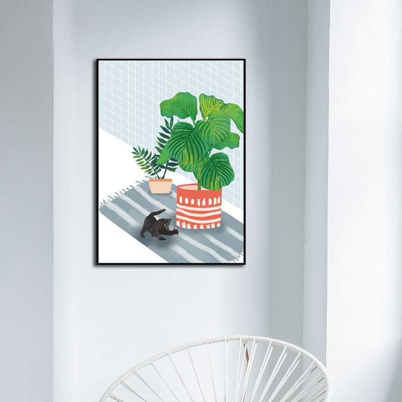 Pet and Pot Plant Canvas Art Textured Kids Style Living Room Wall Decor in Light Color