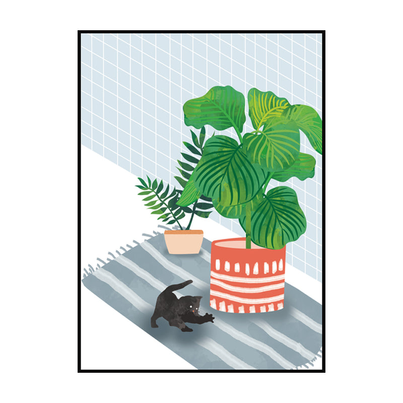 Pet and Pot Plant Canvas Art Textured Kids Style Living Room Wall Decor in Light Color
