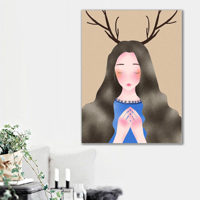 Fantasy Deer Girl Canvas Wall Art Cartoon Textured Surface Wall Decor for Dining Room