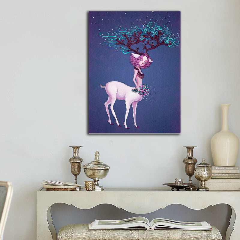 Fantasy Deer Girl Canvas Wall Art Cartoon Textured Surface Wall Decor for Dining Room