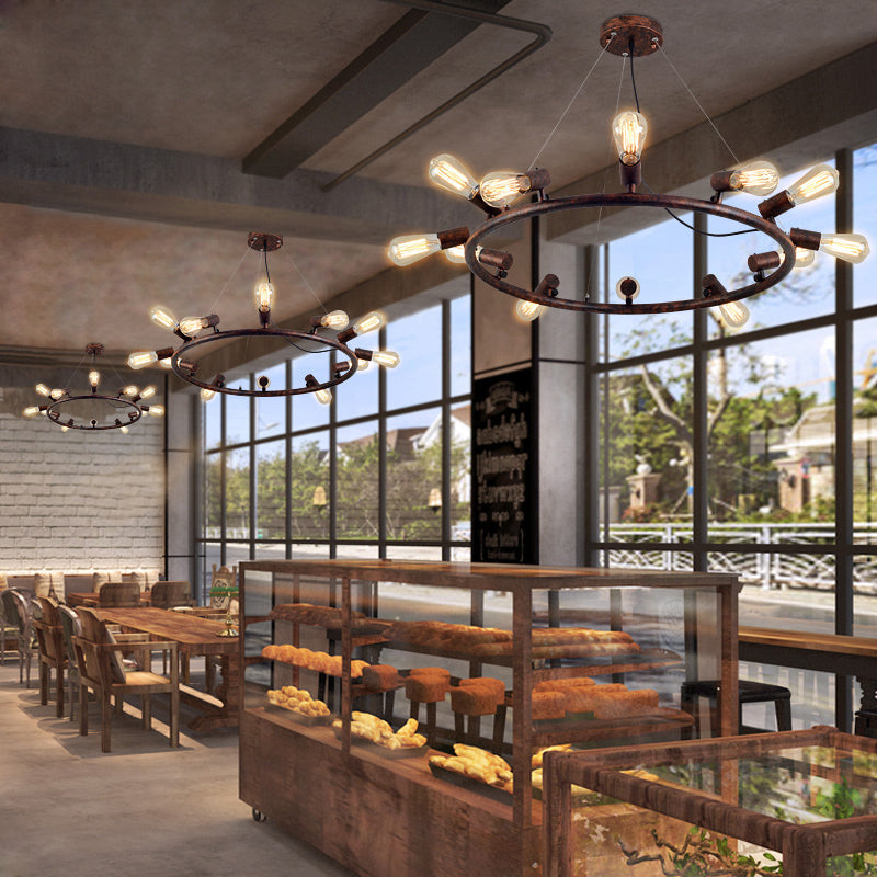 8/12 Lights Circular Hanging Light with Open Bulb Antique Stylish Dark Rust Wrought Iron Chandelier Light Fixture