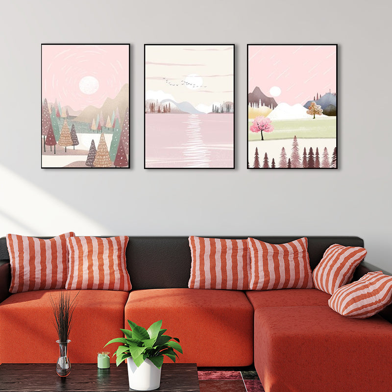 Park Scenery Wall Art Set for Living Room Beautiful Landscape Print Canvas in Pink