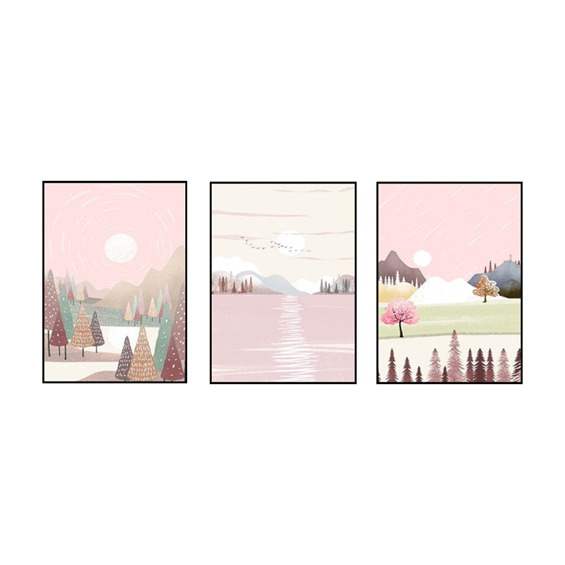 Park Scenery Wall Art Set for Living Room Beautiful Landscape Print Canvas in Pink