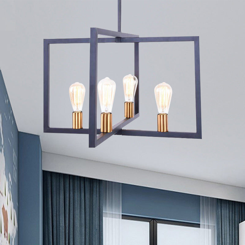 Pendentif rectangulaire industriel Éclairage 4 lumières Lumière suspendue métallique en noir pour la cuisine