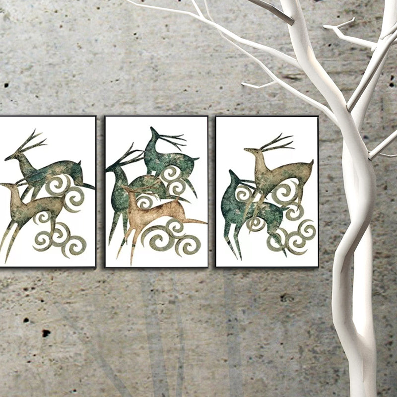 Green Deer Wall Art Set Wild Animal Nordic Textured Canvas Print for Dining Room