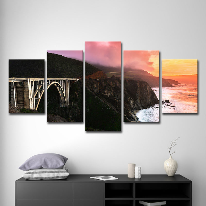 Sunset Landscape Wall Art Decor for Home Bridge Across Stone Bay Canvas in Black, Multi-Piece
