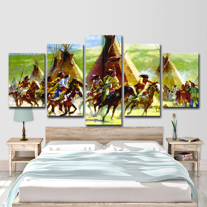Indian Tribe Hunting Canvas Art Modern Style Multi-Piece Wall Decoration in Green