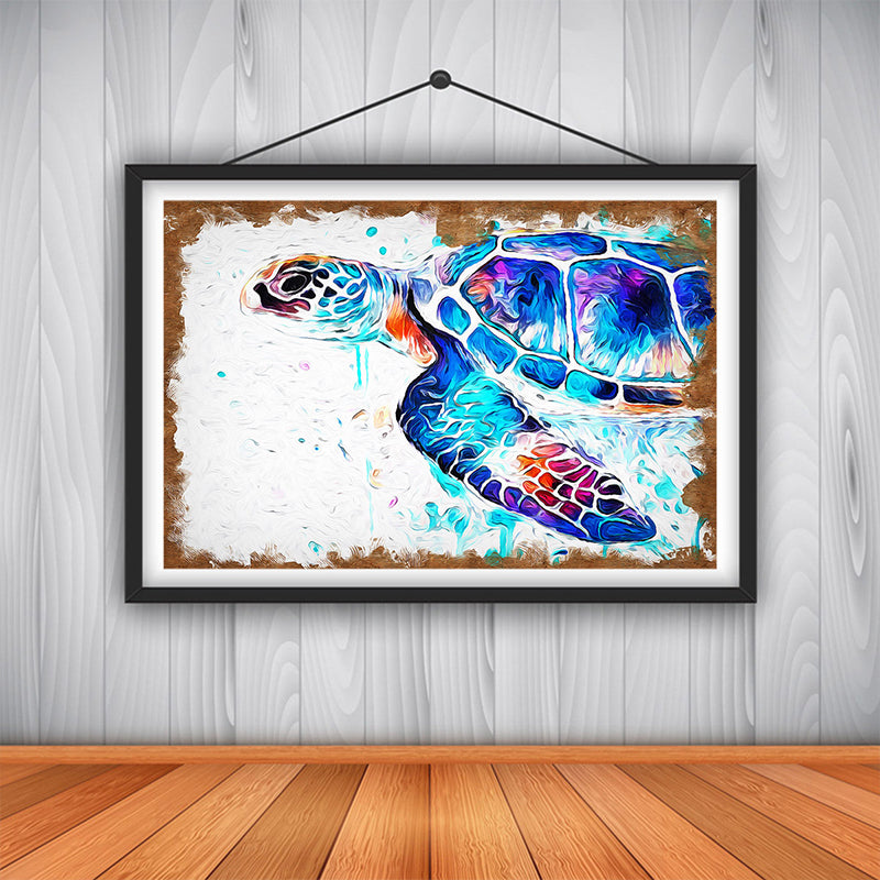 Sea Turtle Painting Art Print Textured Modernist House Interior Wall Decor in Blue