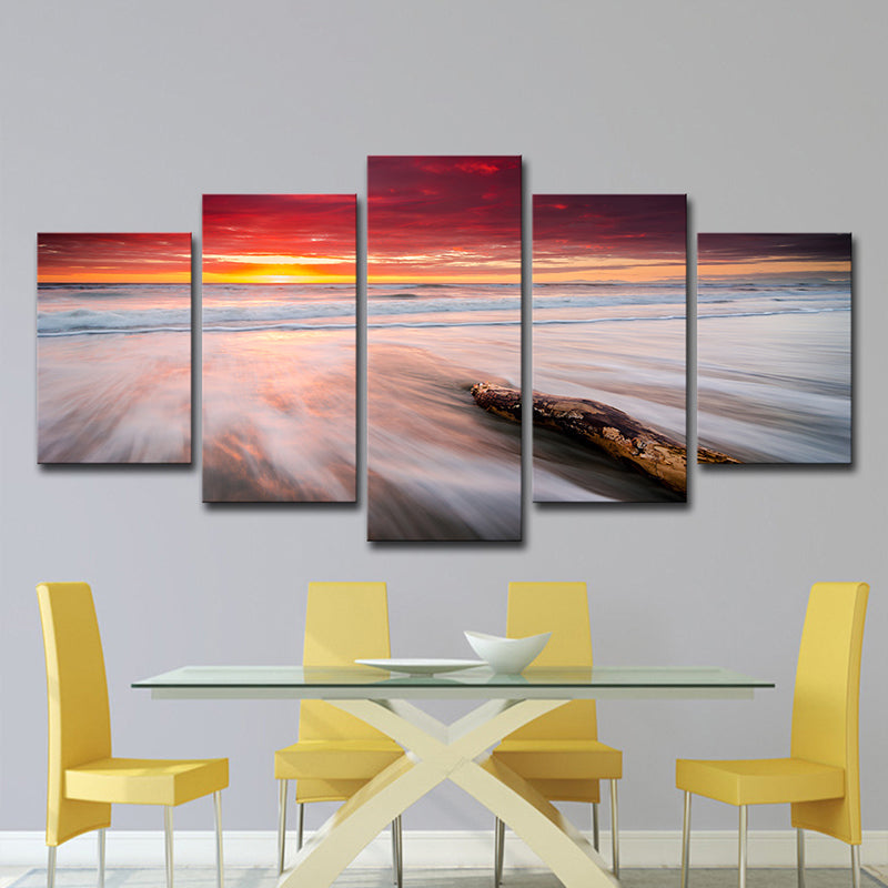 Nightfall Beach Scenery Wall Art Decor Modern Canvas Print in Red for Living Room