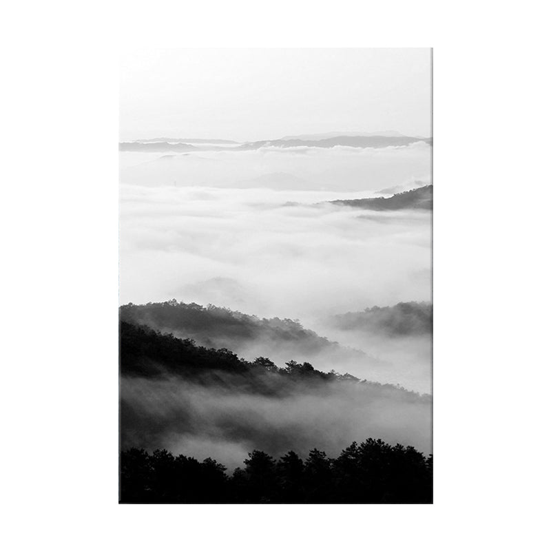 Black and White Modern Art Print Aerial View of Misty Mountain Wall Decor for Home