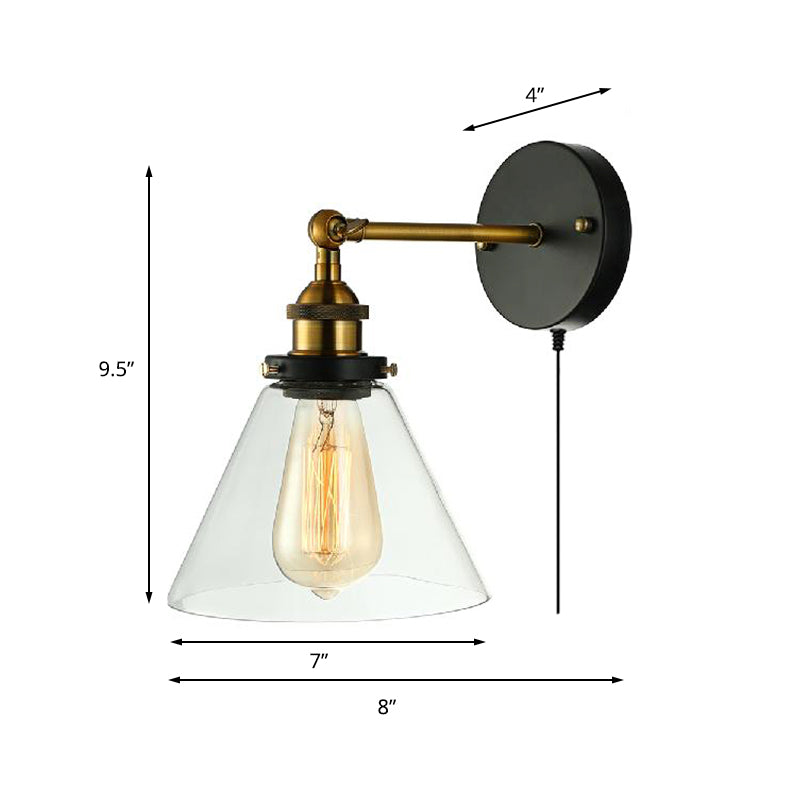One Bulb Clear Glass Sconce Light Fixture Industrial Black Conical Bedroom Wall Lamp