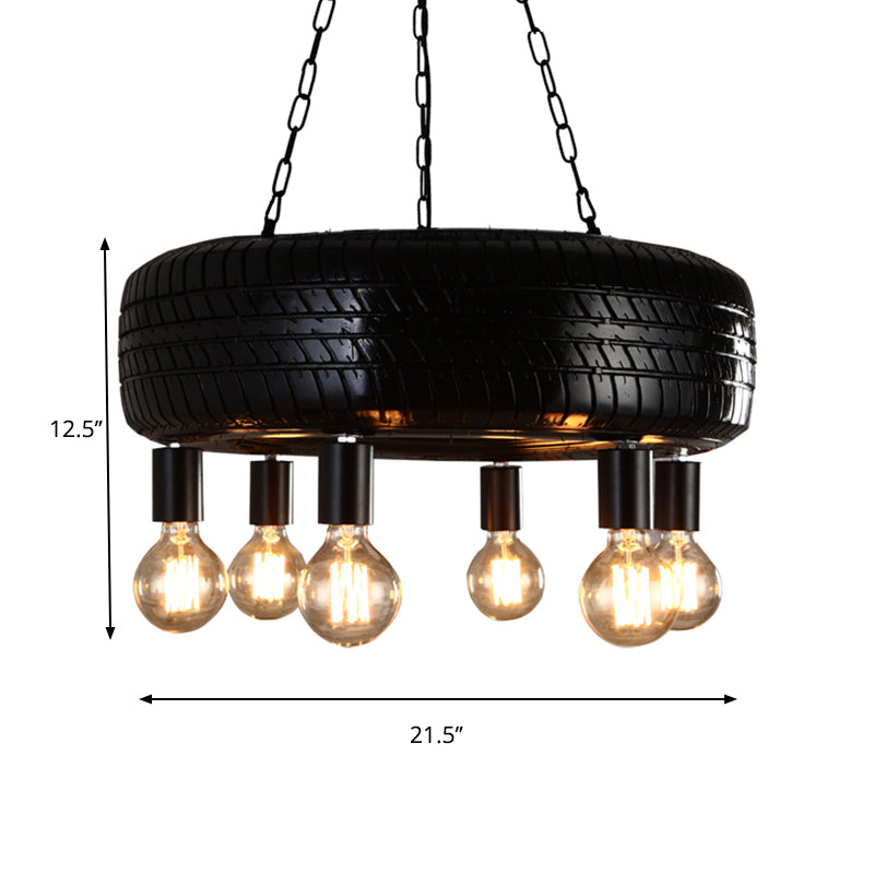 Cafe Car Tire Pendant Lamp Rubber 6 Lights Vintage Stylish Chandelier in Black