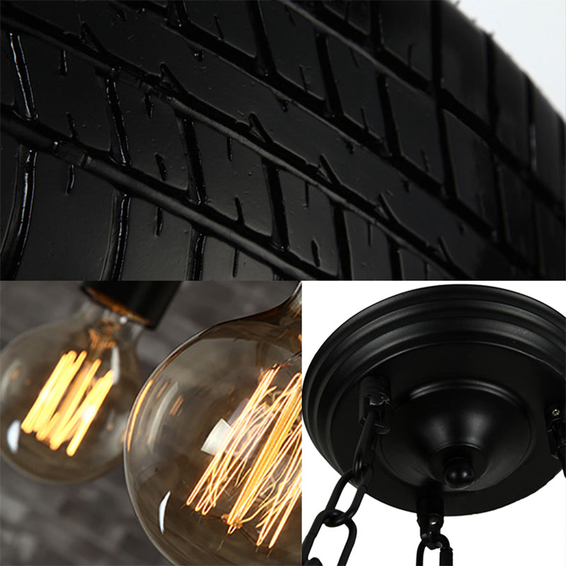 Cafe Car Tire Pendant Lamp Rubber 6 Lights Vintage Stylish Chandelier in Black
