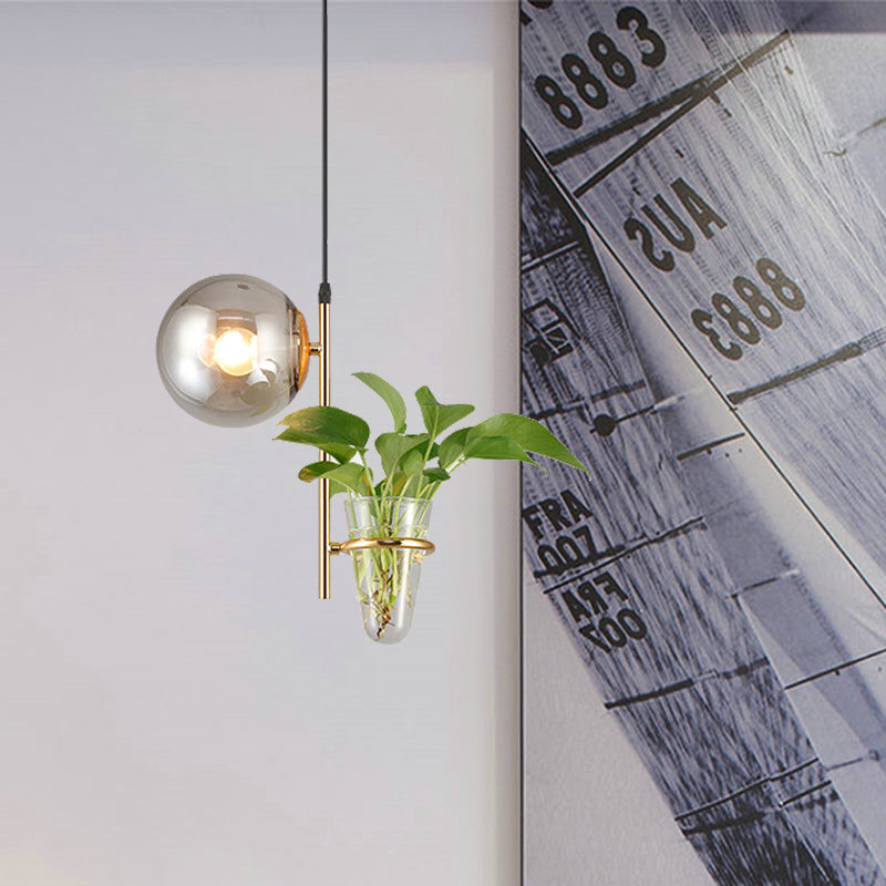 Metal Black/Gold Drop Lamp Orb 1 Head Industrial LED Plant Down Lighting Pendant with Milk White/Smoke Grey Glass Shade