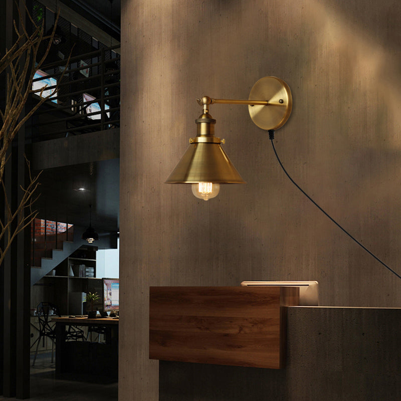 1 Bulb Sconce Wall Lighting with Conic Shade and Plug-In Cord Metal Industrial Indoor Wall Lamp in Brass