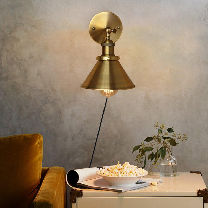 1 Bulb Sconce Wall Lighting with Conic Shade and Plug-In Cord Metal Industrial Indoor Wall Lamp in Brass