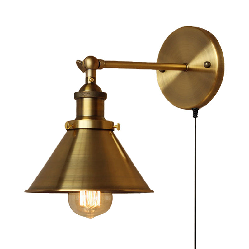 1 Bulb Sconce Wall Lighting with Conic Shade and Plug-In Cord Metal Industrial Indoor Wall Lamp in Brass
