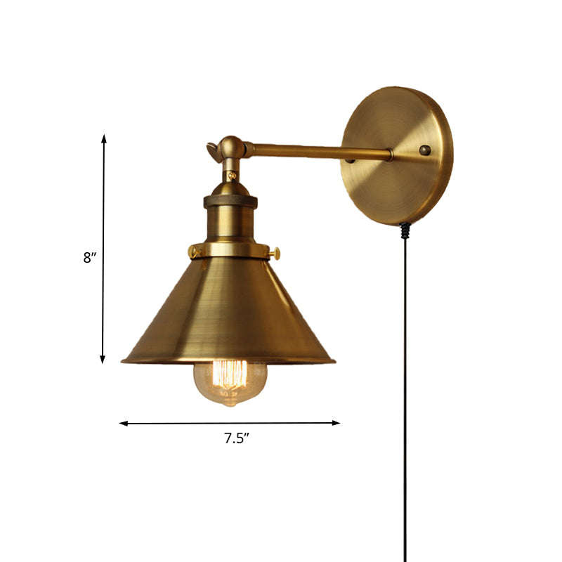 1 Bulb Sconce Wall Lighting with Conic Shade and Plug-In Cord Metal Industrial Indoor Wall Lamp in Brass