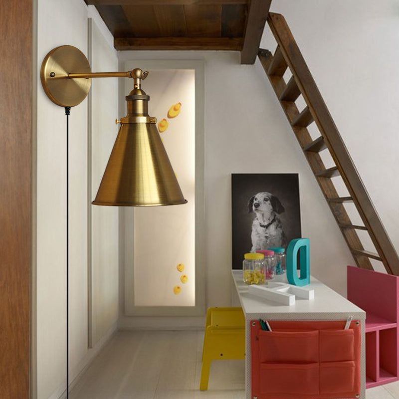 1 Bulb Tapered Wall Light Fixture Retro Style Brass Metal Wall Light with Plug-In Cord for Living Room