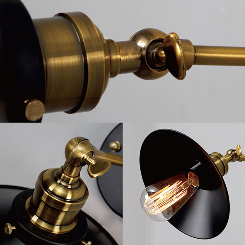 Lámpara de pared de cono negro estilo retro metal 1 ángulo de comedor de bulbo aplastador de pared ajustable con cable enchufable