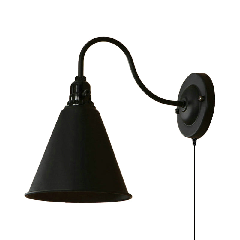 1 Light Tapered Wall Sconce with Plug-In Cord Industrial Black Metallic Sconce Light for Front Door