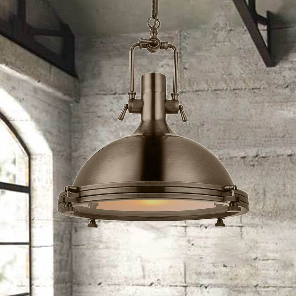 Antique Brass/Brass/Copper Finish 1 Light Pendant Lighting Industrial Metal Domed Ceiling Fixture with Frosted Diffuser