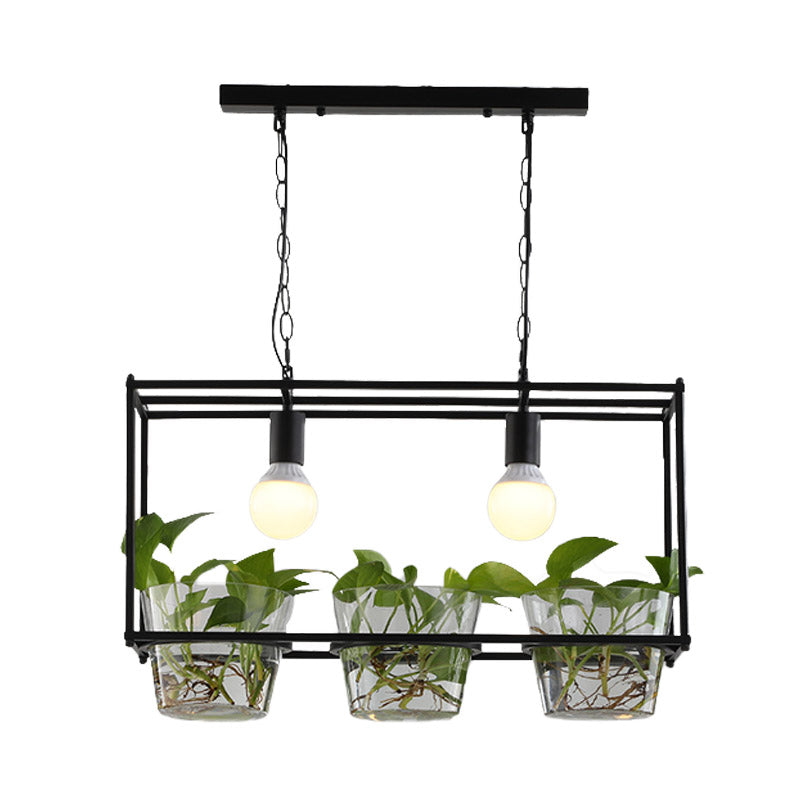 Metal Rectangle Island Ceiling Light Retro 2 Bulbs Dining Room LED Suspension Lamp in Black/Gold