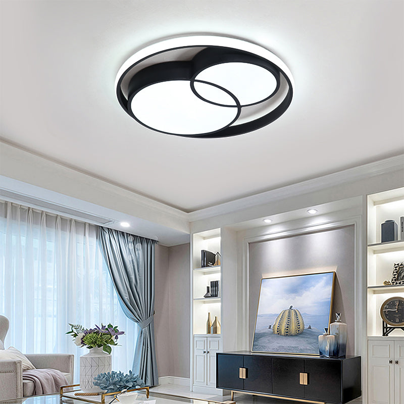 2 Crossed Circle Ceiling Flush Mount Modern Metal Black/White Integrated LED Bedroom Flush Mount Lighting in Warm/White