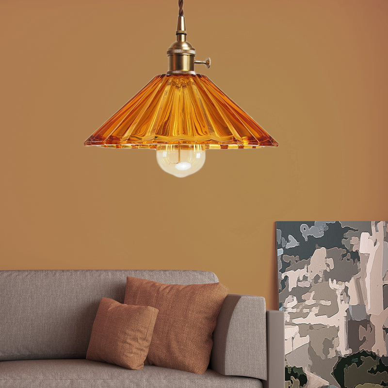Scalloped Living Room Pendant Lamp Antiqued Grey/Orange/Blue Prismatic Glass 1 Bulb Brass Hanging Light Kit