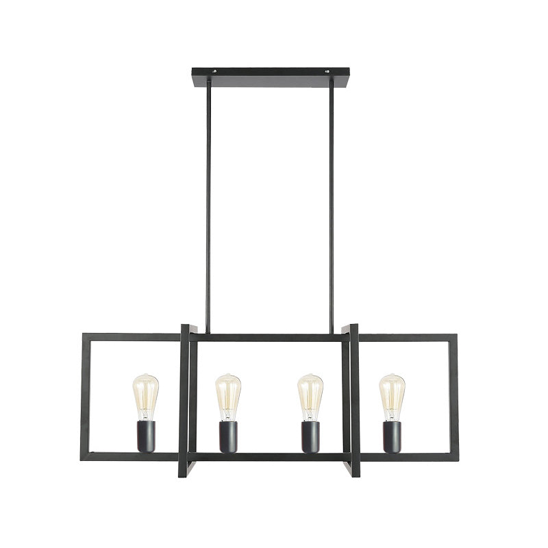 Black 4 Heads Island Pendant Industrial Metal Rectangle Hanging Ceiling Light for Living Room