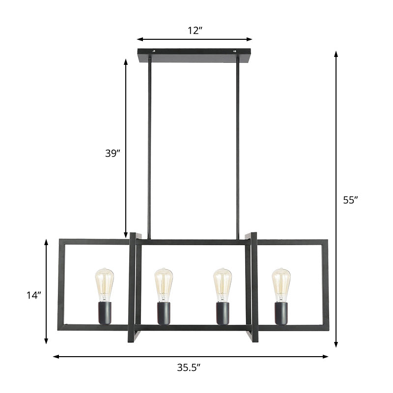 Black 4 Heads Isola Pendant Industrial Metal Rettangolo A sostenere il soffitto per soggiorno