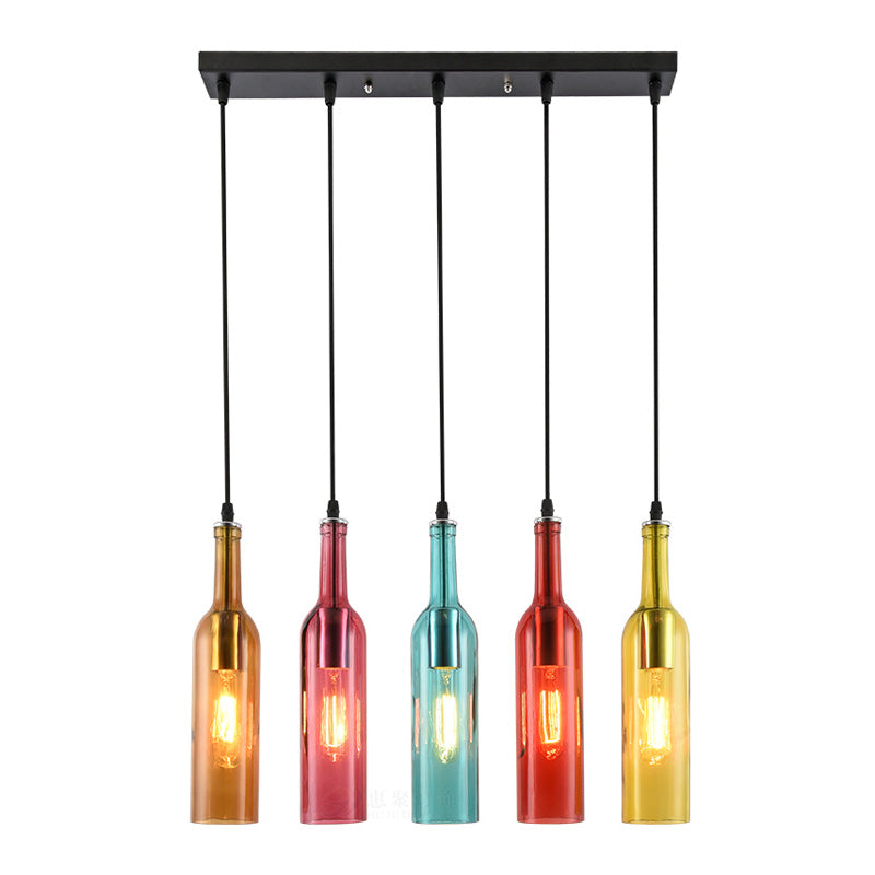 5 Heads Linear Pendant Light Fixture Vintage Style Black Finish Glass Suspension Light with Bottle Shade