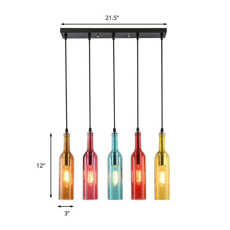 5 Heads Linear Pendant Light Fixture Vintage Style Black Finish Glass Suspension Light with Bottle Shade