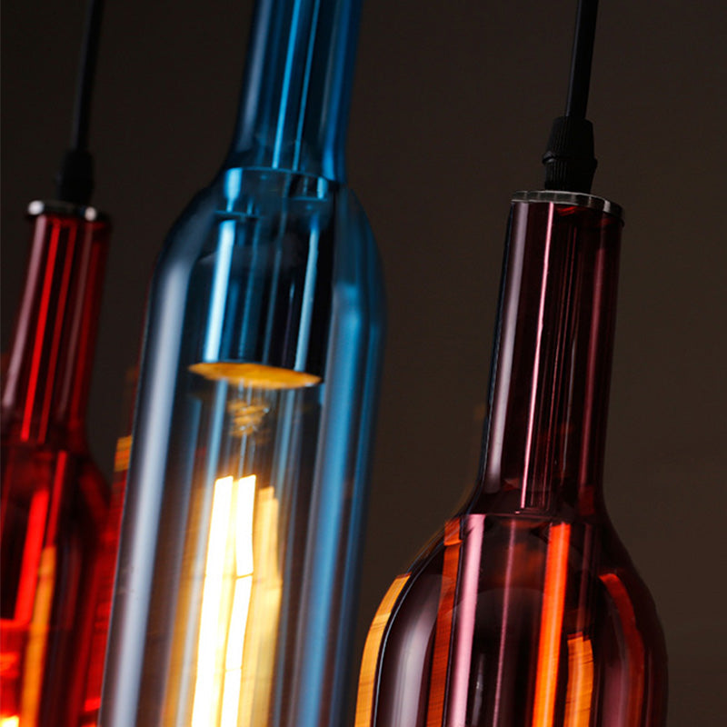 5 Heads Linear Pendant Light Fixture Vintage Style Black Finish Glass Suspension Light with Bottle Shade