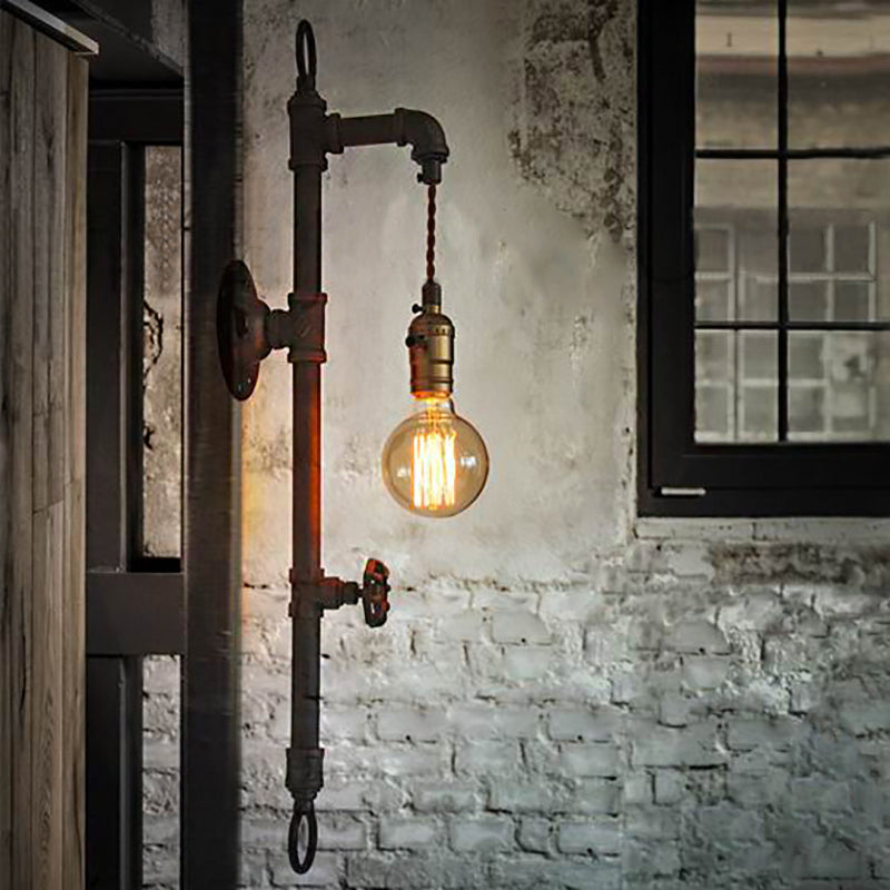 Pipa de agua negra iluminación de montaje en la pared antiguo metal industrial 1 bulbo de comedor Luz con válvula