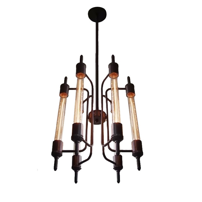 6 Lights Linear Hanging Light with Bare Bulb Farmhouse Black Metal Pendant Lamp for Restaurant