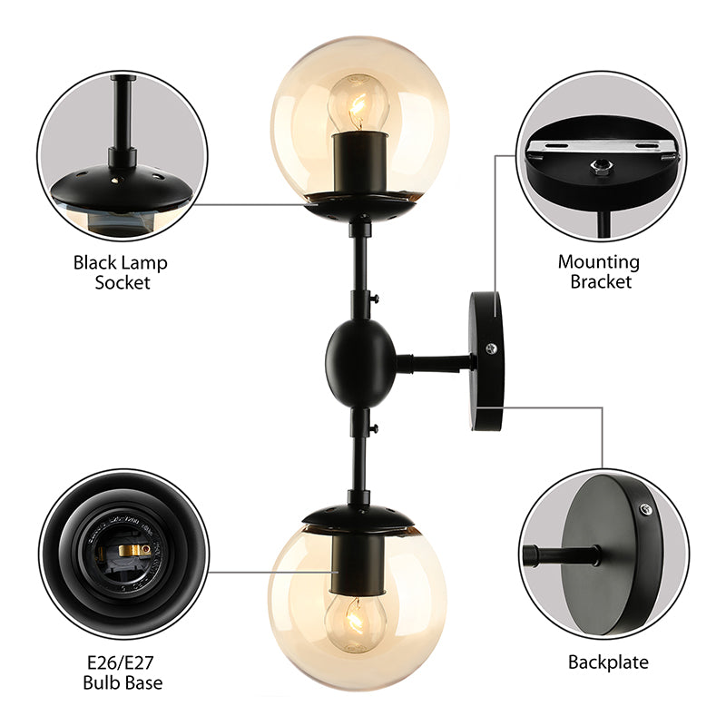 Aparte negro de 2 luces Ligero industrial Amber Glibe Globe Shade Fixture para sala de estar