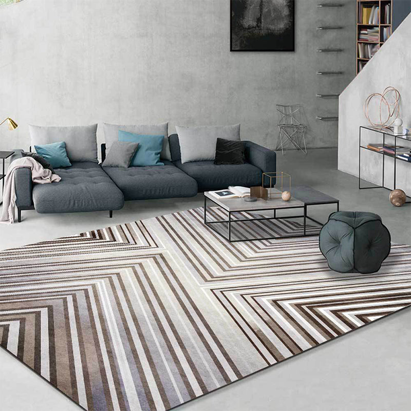 Grey Contemporary Rug Polyester Striped Pattern Rug Washable Non-Slip Backing Carpet for Living Room