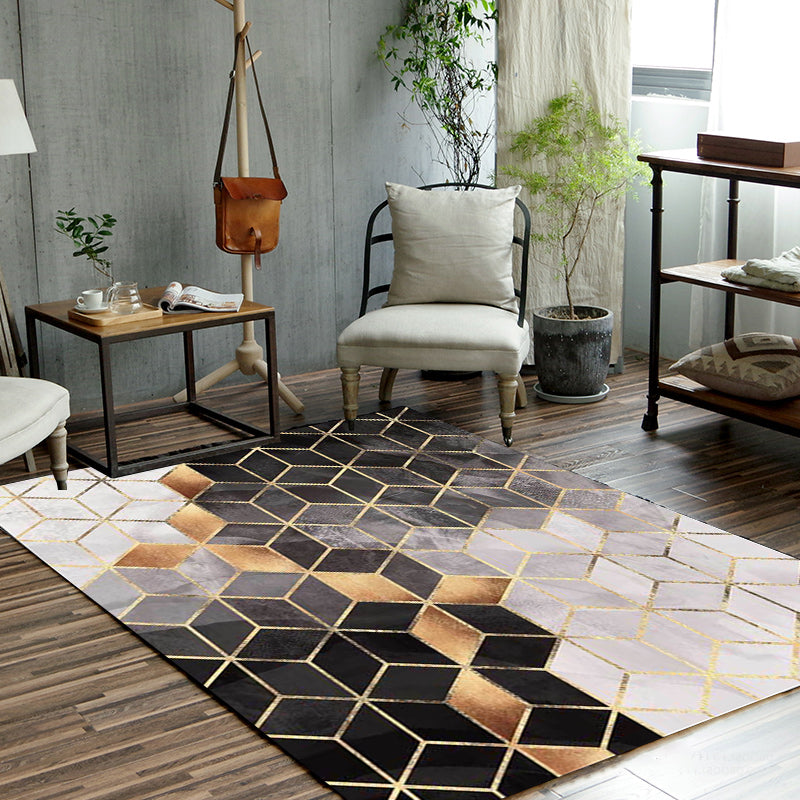 Contemporary Geometric Pattern Rug Black and Grey Polyester Rug Machine Washable Non-Slip Area Rug for Living Room