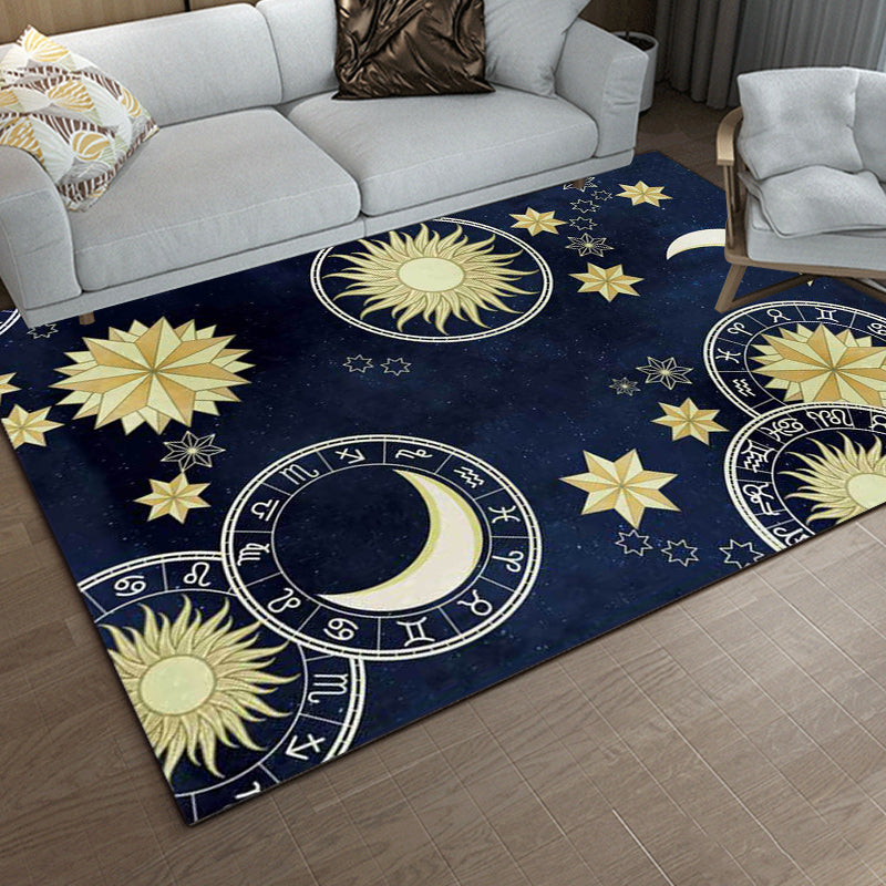 Blauer Schlafzimmer Teppich Moderner Außenraum Sonnenmond Muster Rug Polyester Nicht-Schlupf-Rückschlag Teppich
