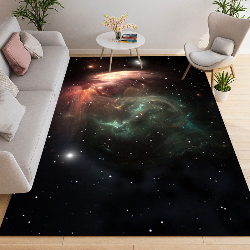 Modern Living Room Rug in Black Outer Space Nebula Print Rug Polyester Stain-Resistant Area Rug