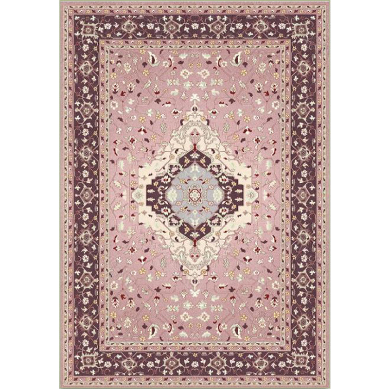 Pink Mediterranean Rug Polyester Medallion and Floral Print Rug Washable Non-Slip Backing Carpet for Living Room