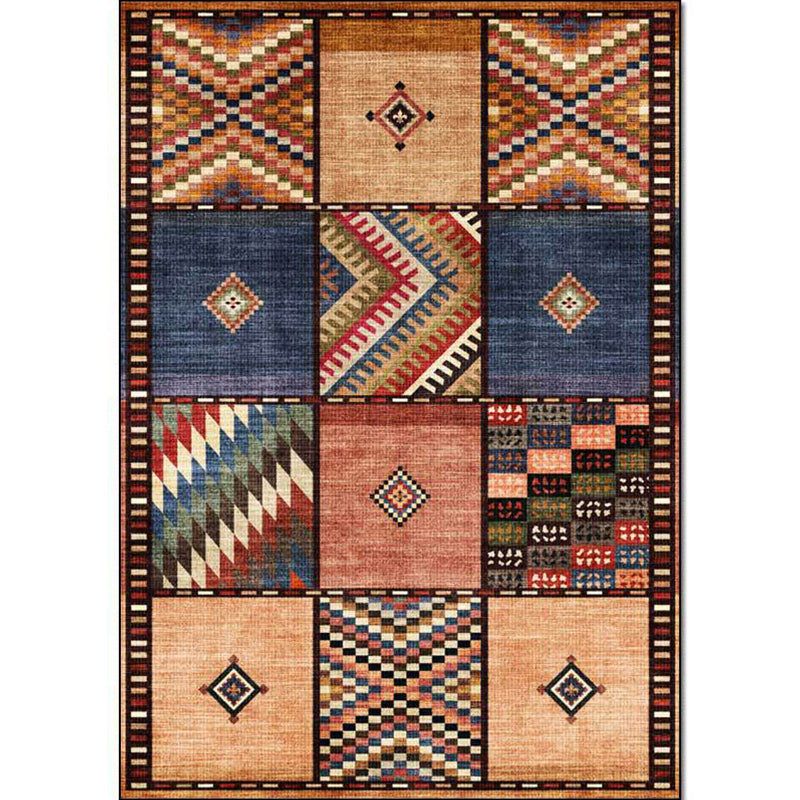 Americana Tribal Checked Pattern Rug Brown Polyester Rug Machine Washable Non-Slip Area Rug for Living Room