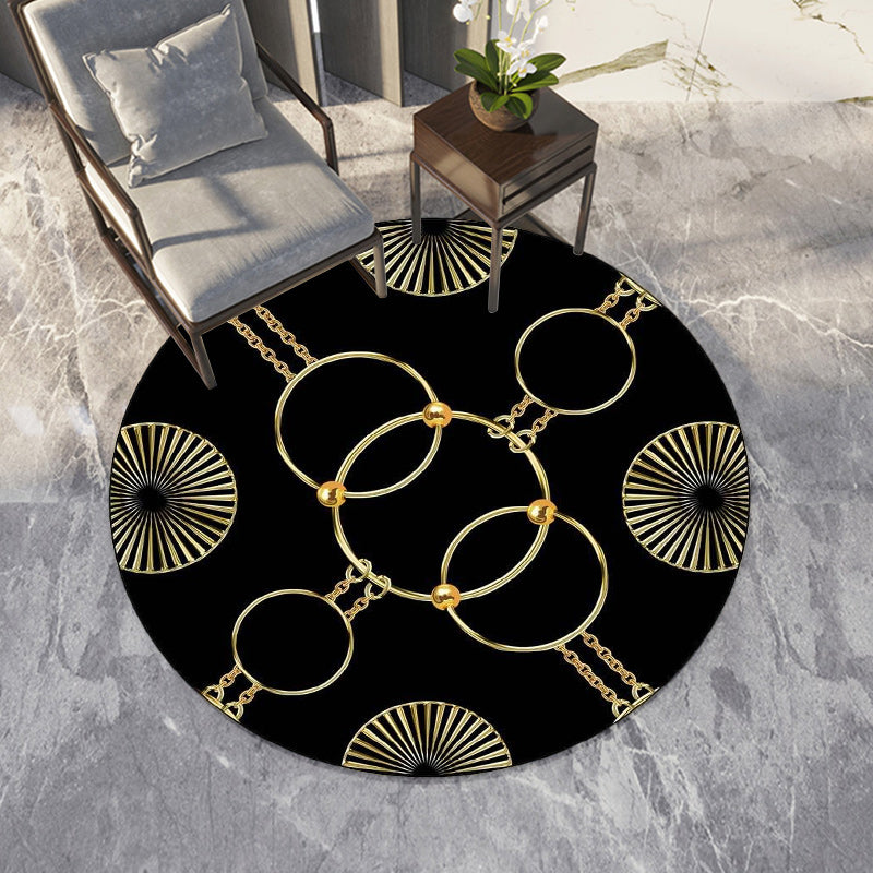 Modern Living Room Rug in White and Black Chain Circle Print Rug Polyester Machine Washable Anti-Slip Area Rug
